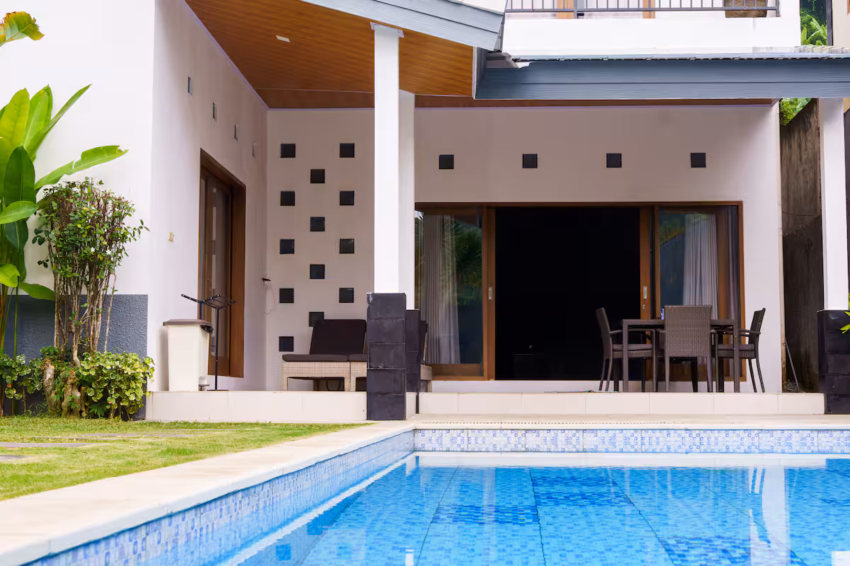 Large private swimming pool and covered terrace