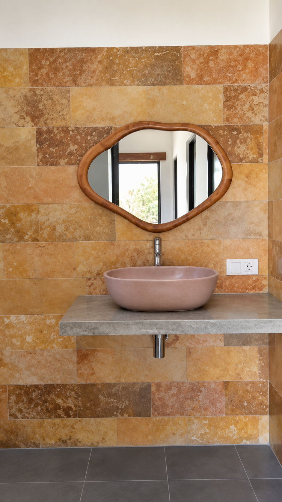 Bathroom vanity with mirror and pink basin